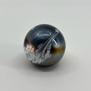 Vtg George Good Art Glass Paperweight Iridescent Blue White Swirl Orb Taiwan